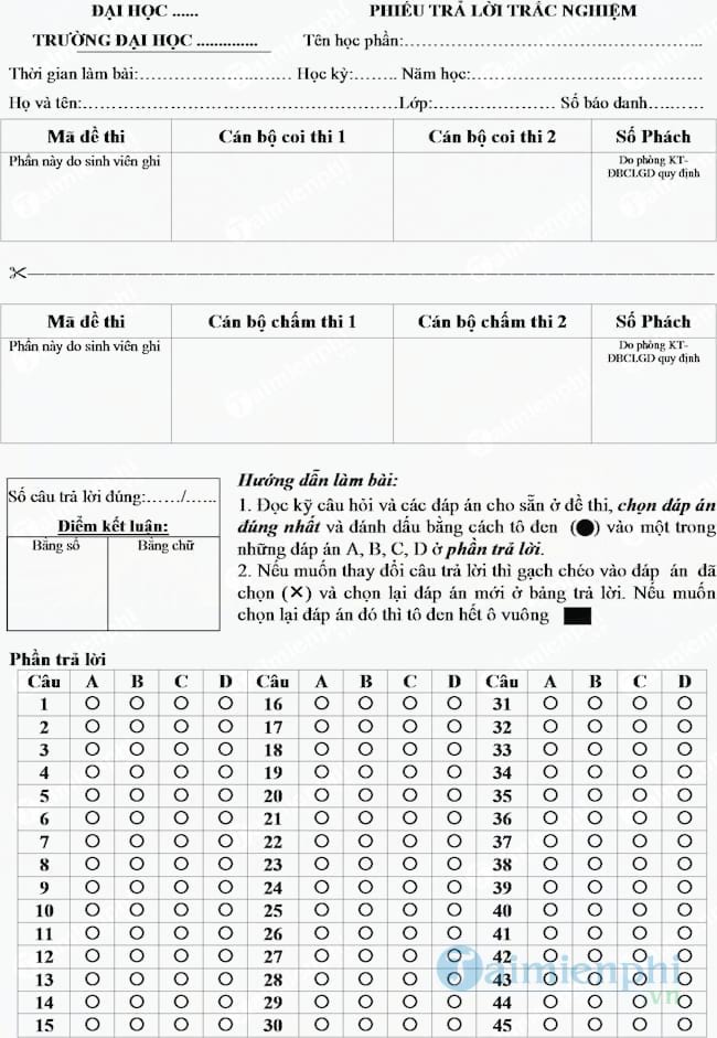 Mẫu phiếu làm bài thi trắc nghiệm