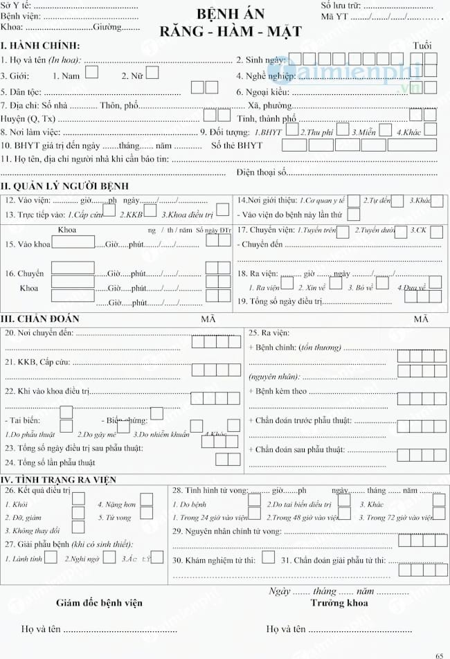 Mẫu bệnh án răng hàm mặt