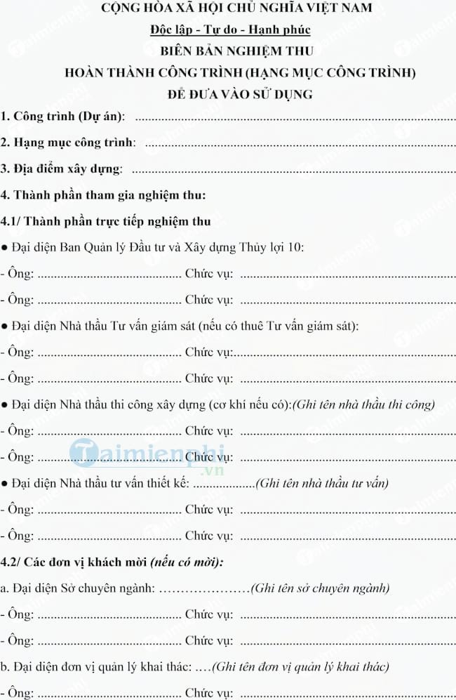 Mẫu biên bản nghiệm thu hoàn thành công trình đưa vào sử dụng