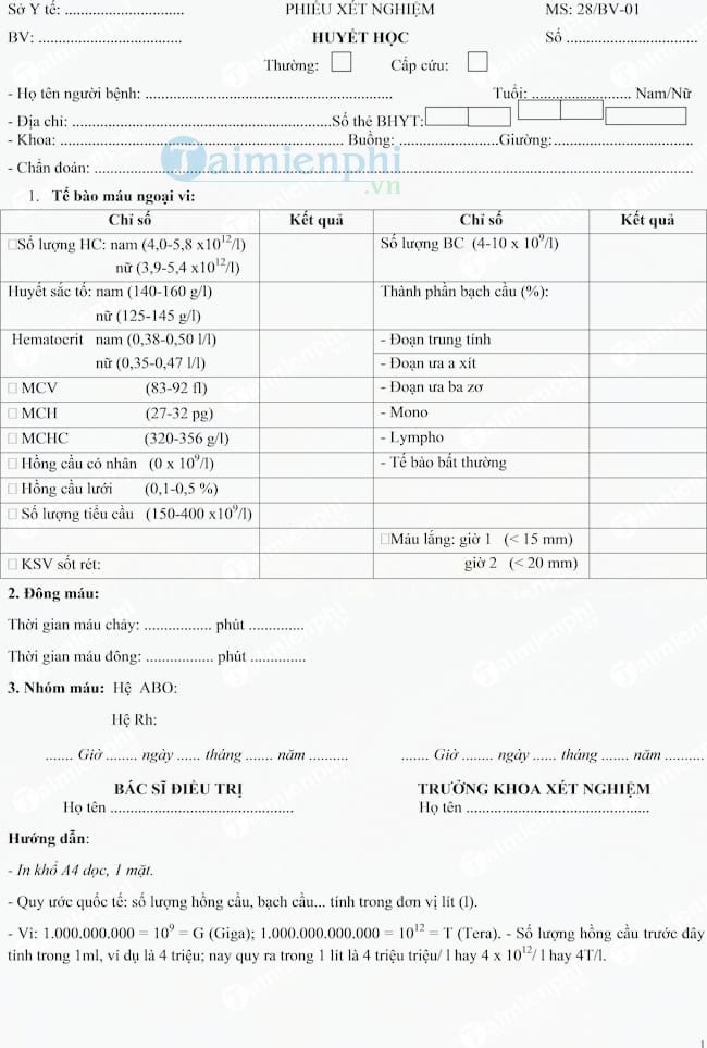 Mẫu phiếu xét nghiệm huyết học