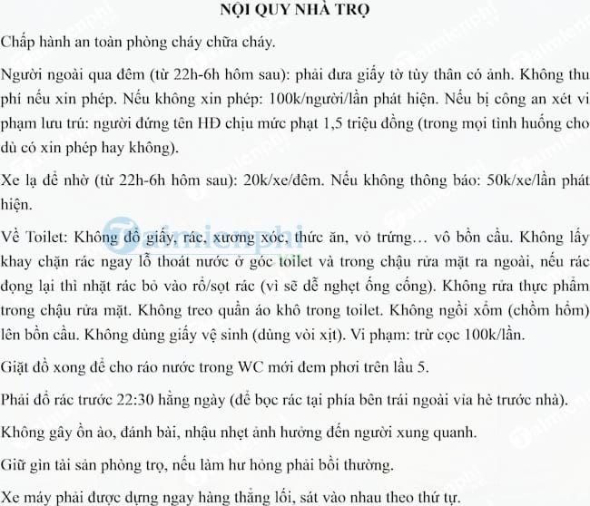 Mẫu nội quy nhà trọ, phòng trọ