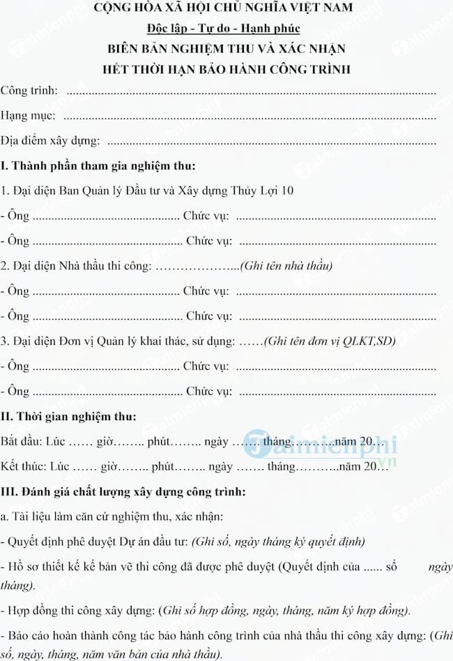 Mẫu biên bản nghiệm thu và xác nhận hết thời hạn bảo hành công trình