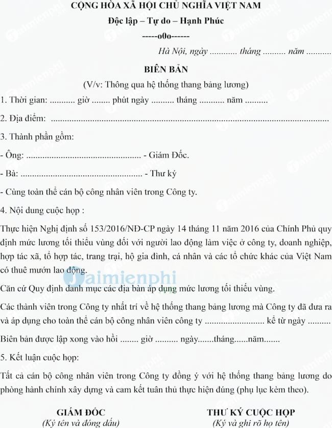 Mẫu biên bản thông qua hệ thống thang bảng lương của doanh nghiệp