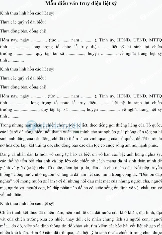 Mẫu điếu văn truy điệu liệt sỹ