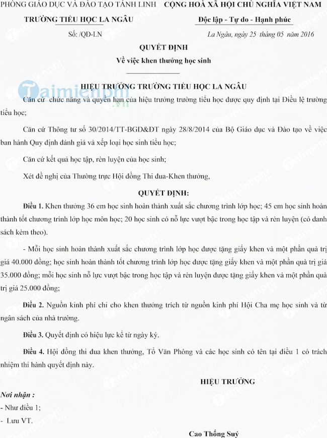 Mẫu quyết định khen thưởng học sinh Tiểu học