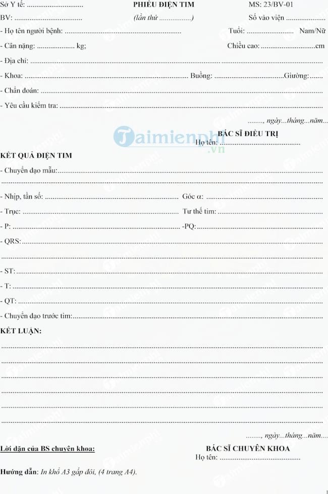 Mẫu phiếu điện tim