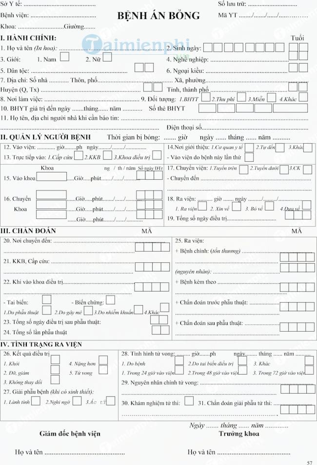 Mẫu bệnh án bỏng