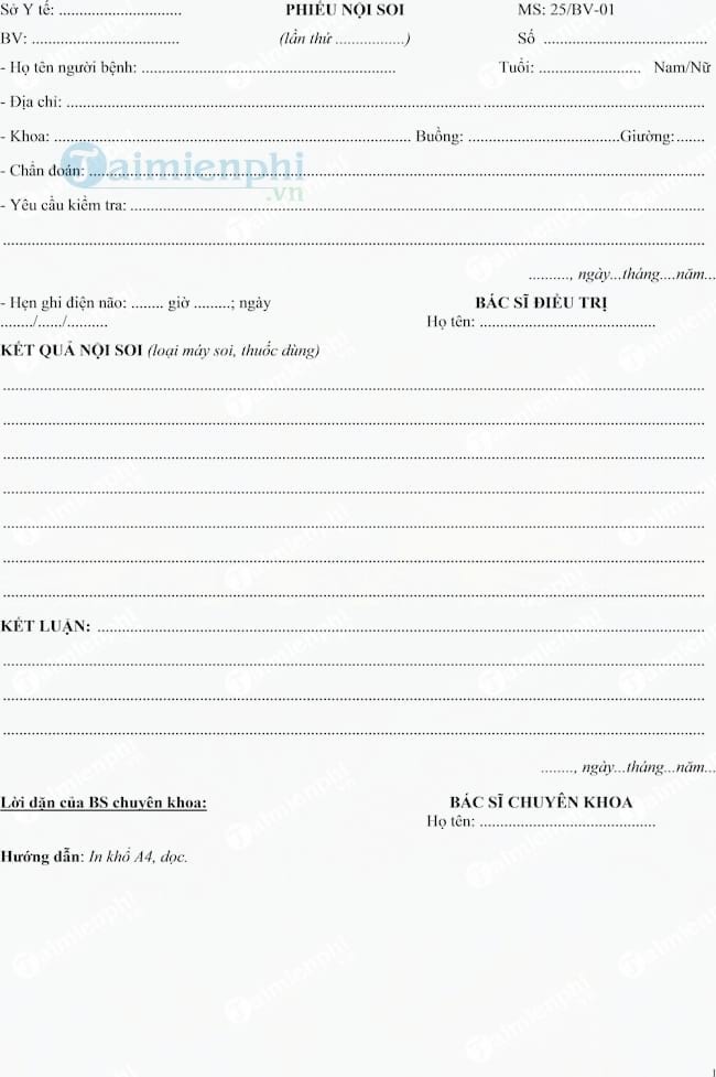 Mẫu phiếu nội soi