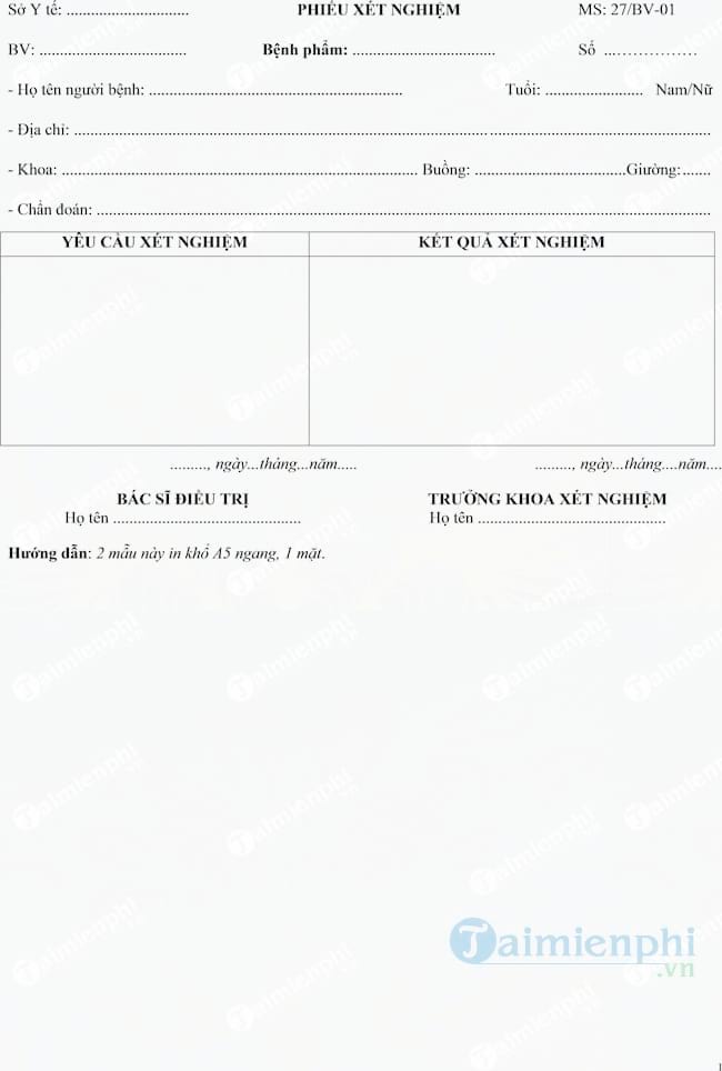 Mẫu phiếu xét nghiệm