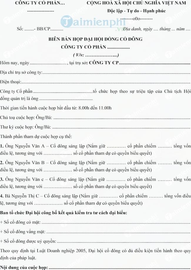 Mẫu biên bản họp đại hội đồng cổ đông
