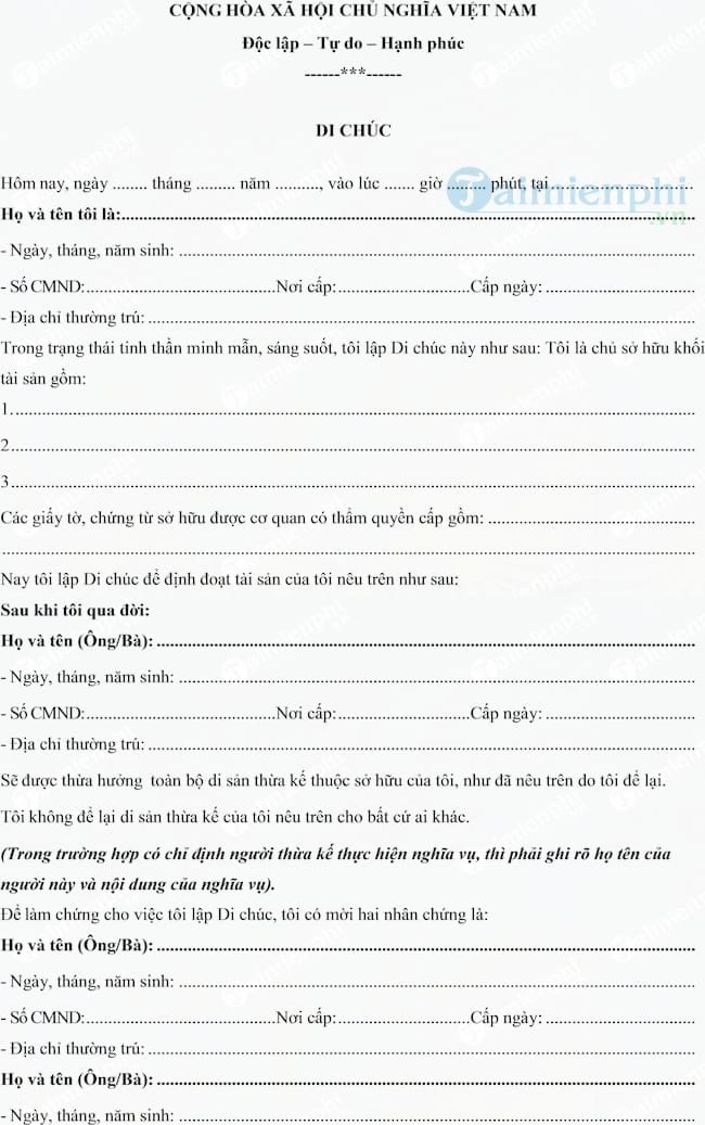 Mẫu di chúc có người làm chứng