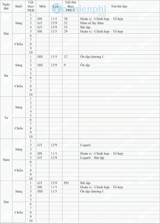 Mẫu sổ báo giảng dành cho giáo viên