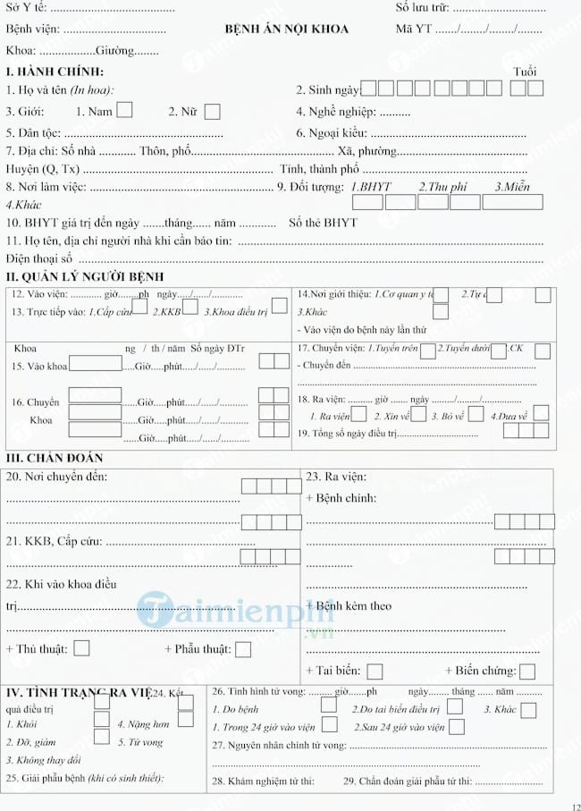 Mẫu bệnh án nội khoa