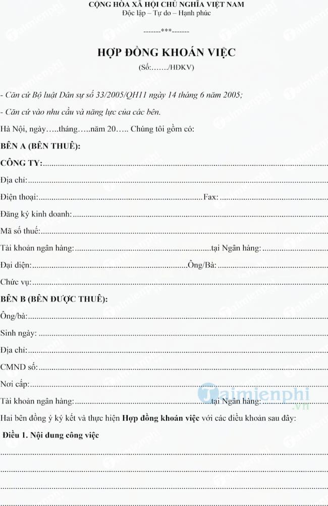 Mẫu hợp đồng khoán việc