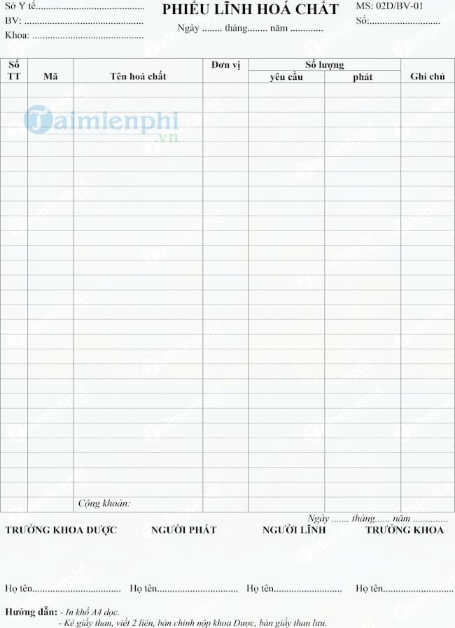 Mẫu phiếu lĩnh hóa chất