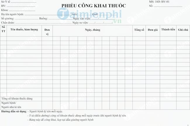 Mẫu phiếu công khai thuốc