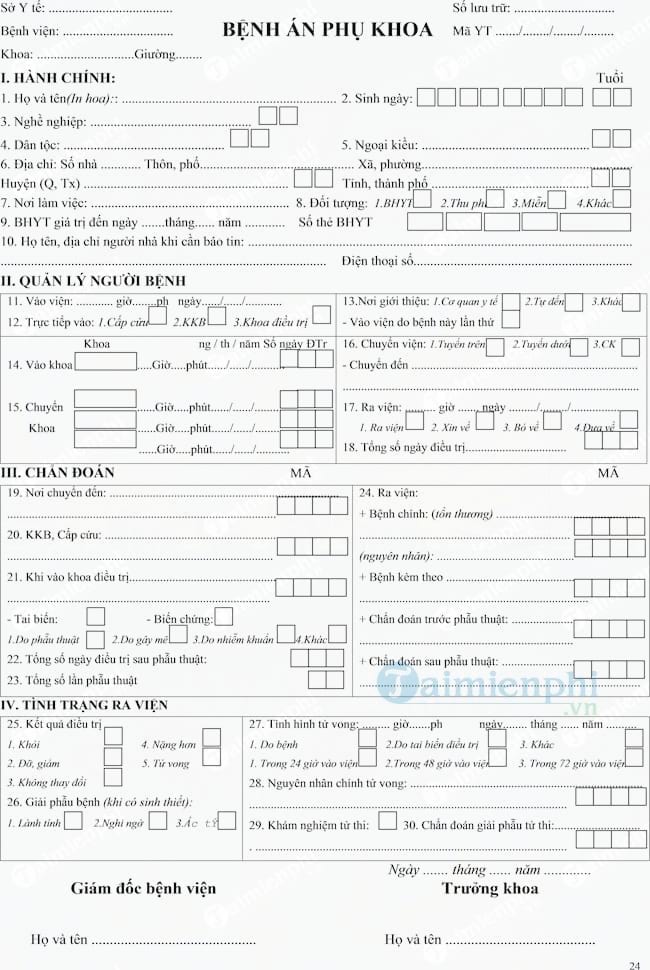 Mẫu bệnh án phụ khoa