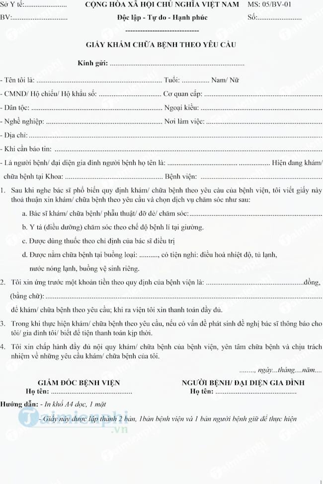 Mẫu giấy khám chữa bệnh theo yêu cầu Giấy khám chữa bệnh theo yêu cầu