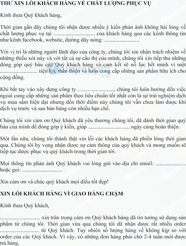 Mẫu thư xin lỗi khách hàng