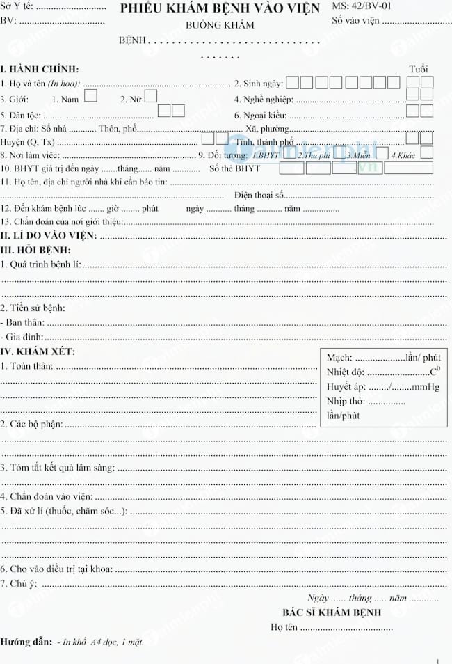 Mẫu phiếu khám bệnh vào viện