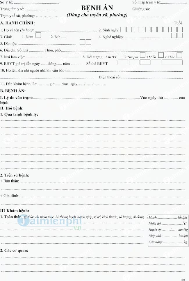 Mẫu bệnh án dùng cho tuyến xã, phường