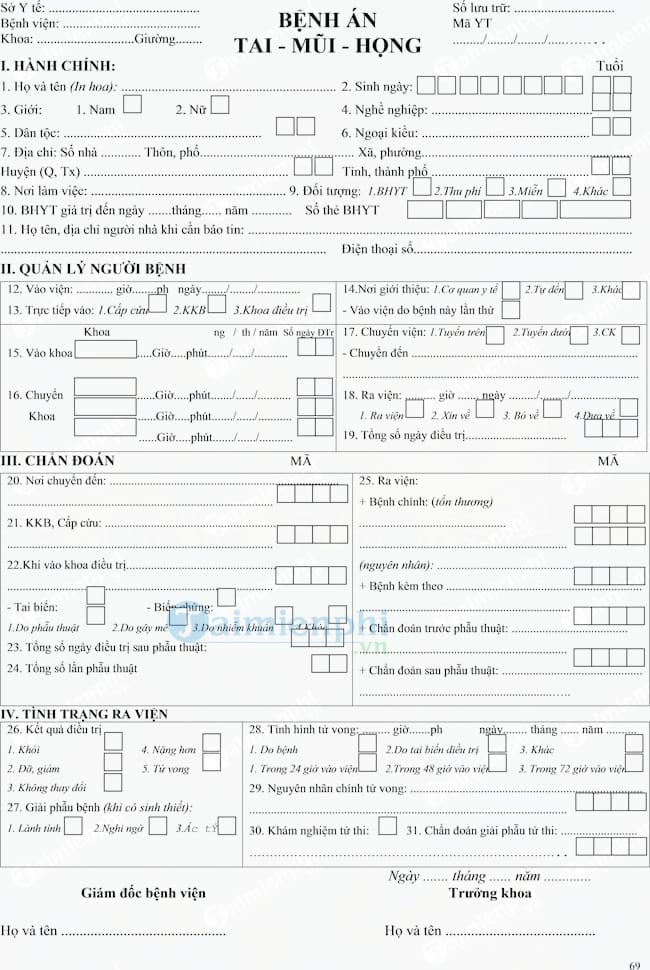 Mẫu bệnh án tai mũi họng