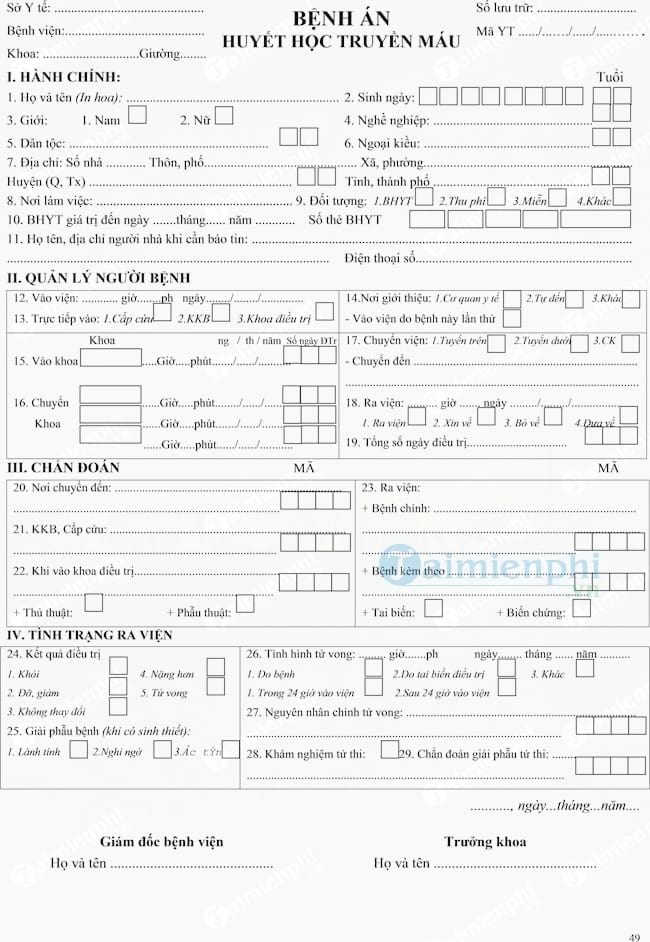 Mẫu bệnh án huyết học truyền máu