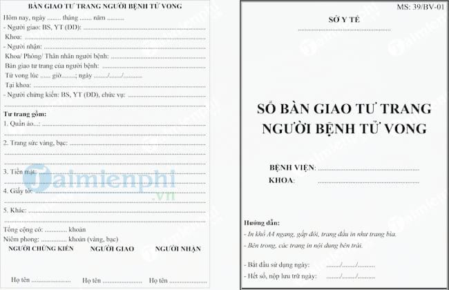 Mẫu sổ bàn giao tư trang người bệnh tử vong