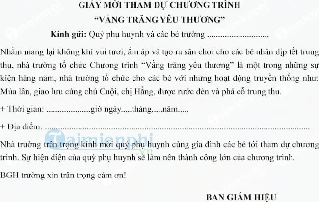 Mẫu giấy mời tham dự chương trình tết trung thu