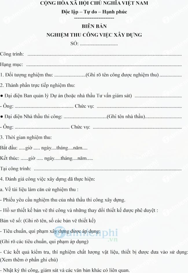 Mẫu biên bản nghiệm thu công việc xây dựng