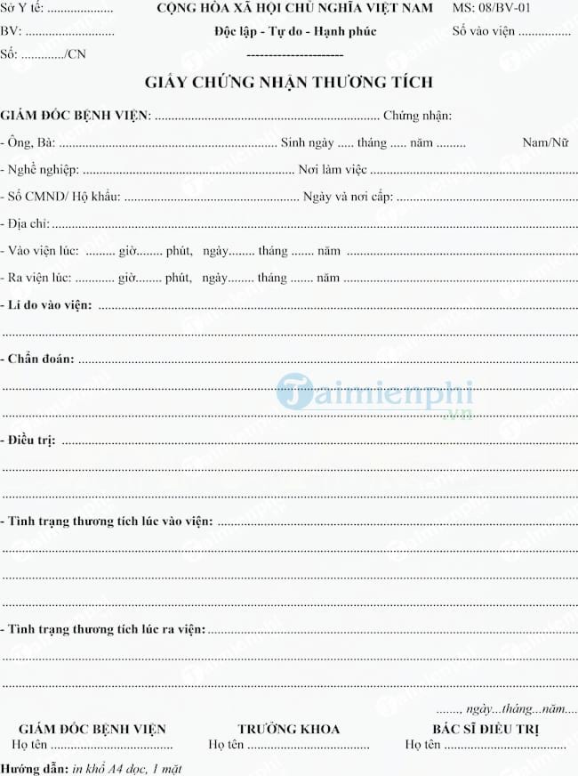 Mẫu giấy chứng nhận thương tích