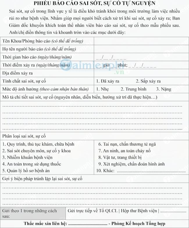 Mẫu phiếu báo cáo sự cố y khoa