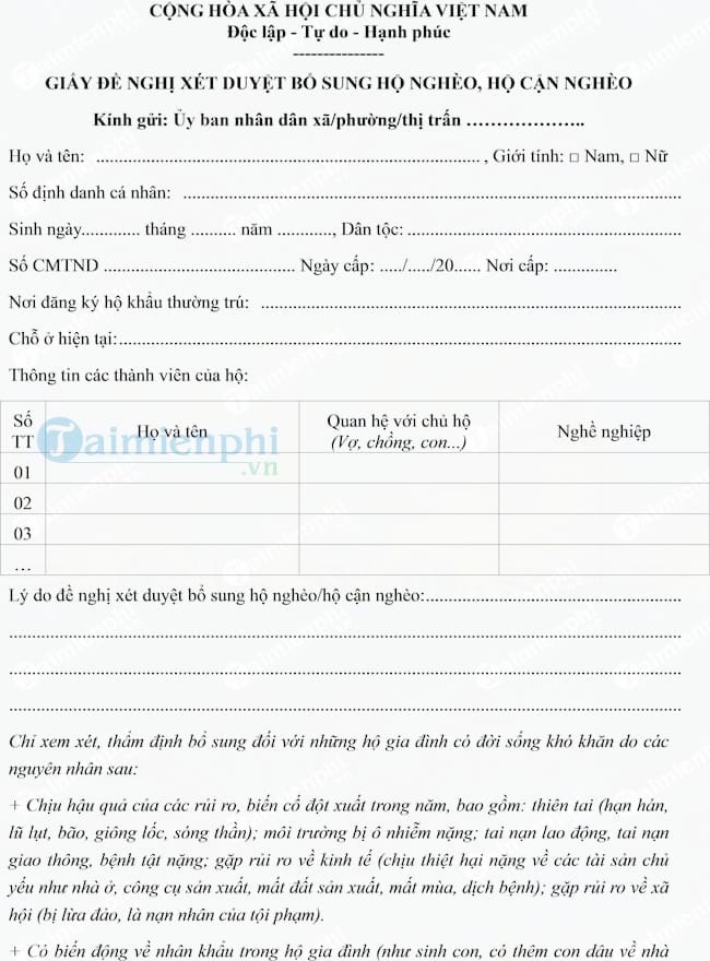 Mẫu giấy đề nghị xét duyệt bổ sung hộ nghèo, hộ cận nghèo