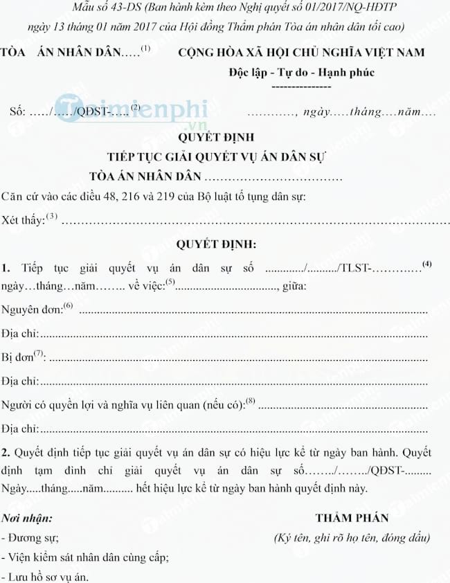 Mẫu quyết định tiếp tục giải quyết vụ án dân sự