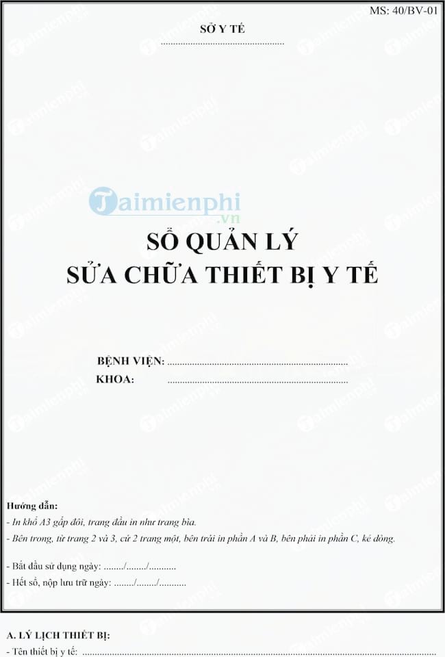 Mẫu sổ quản lý sửa chữa thiết bị y tế