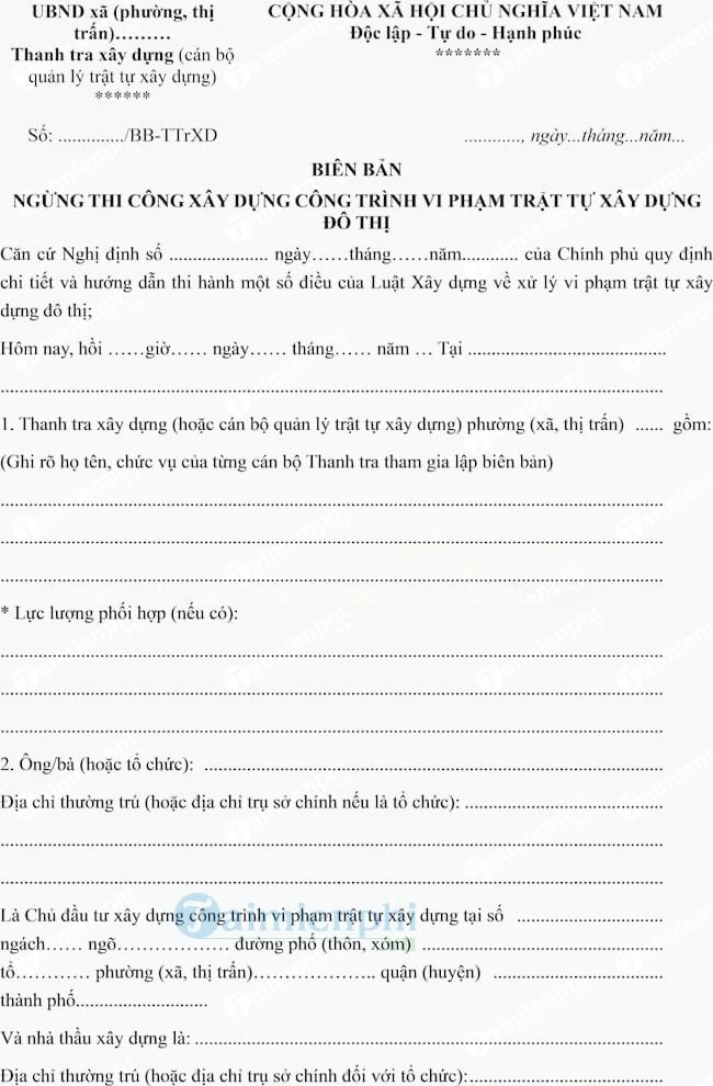 Mẫu biên bản ngừng thi công xây dựng công trình