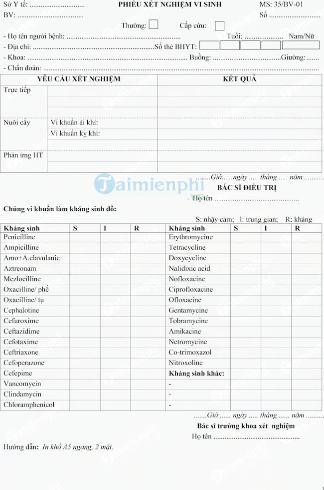 Mẫu phiếu xét nghiệm vi sinh