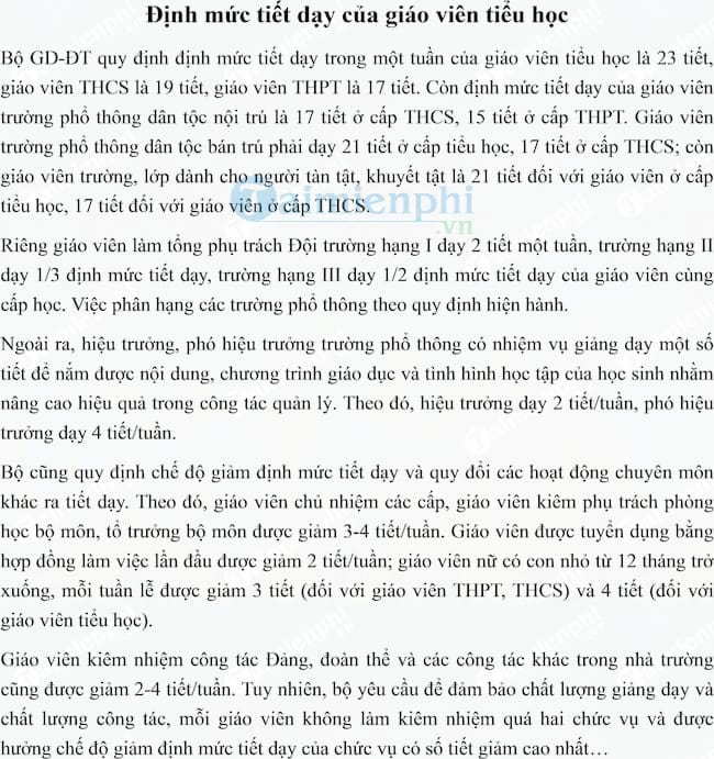 Định mức tiết dạy của giáo viên tiểu học