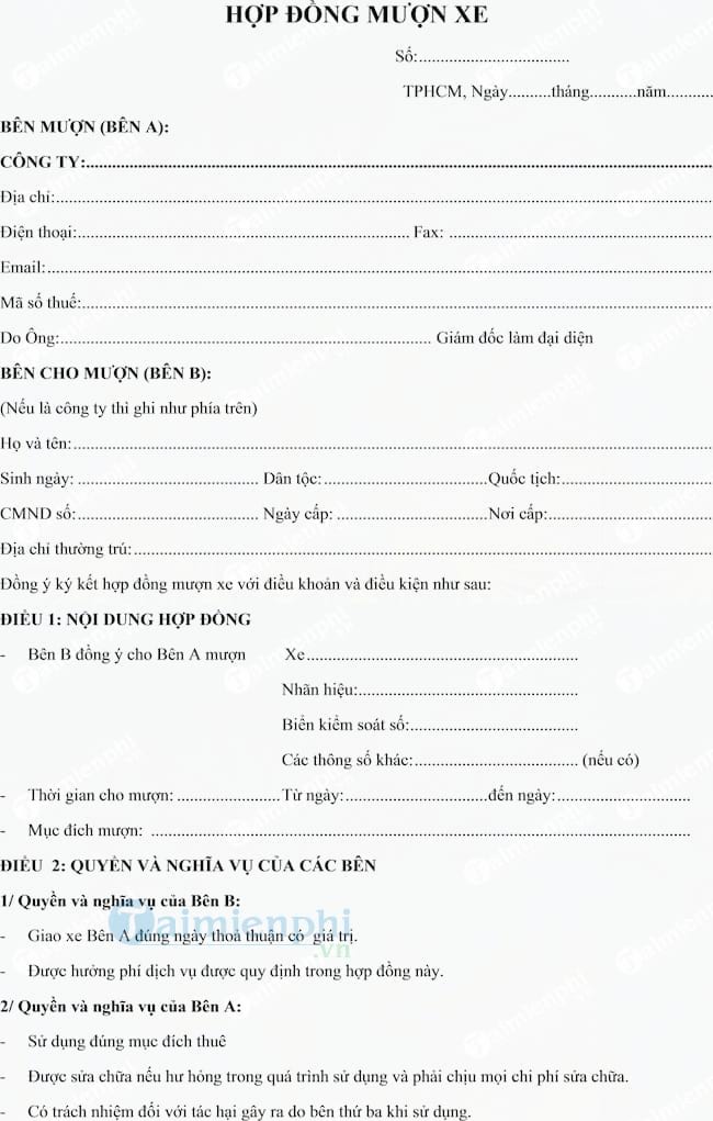 Mẫu Hợp đồng mượn xe