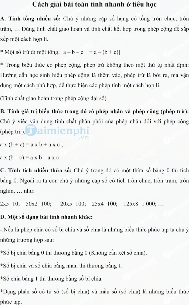 Cách giải bài toán tính nhanh ở Tiểu học