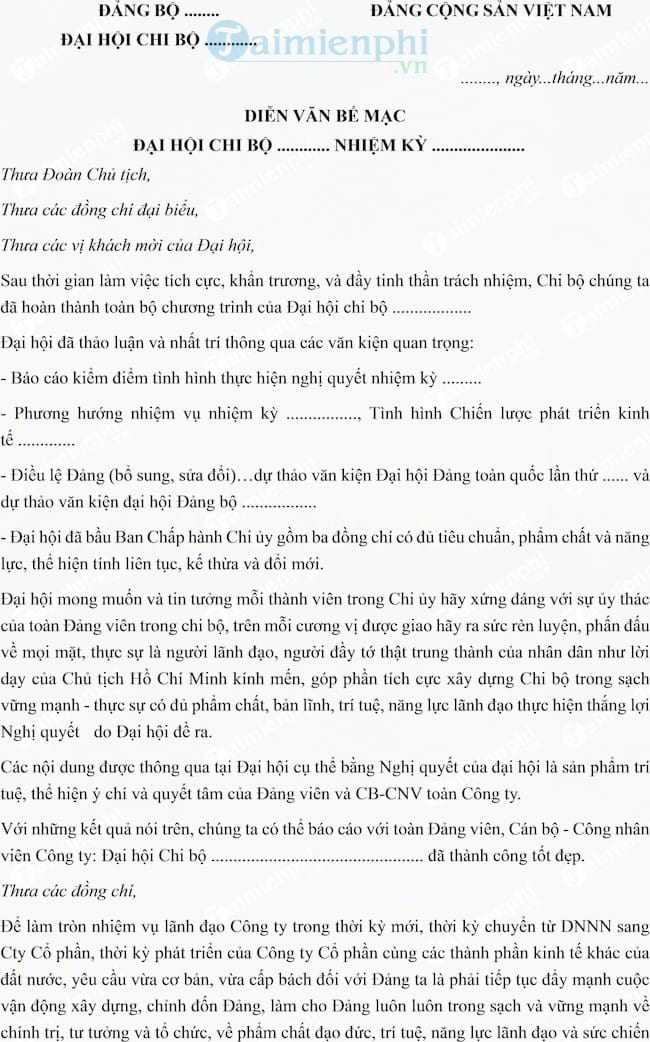 Diễn văn bế mạc Đại hội chi bộ