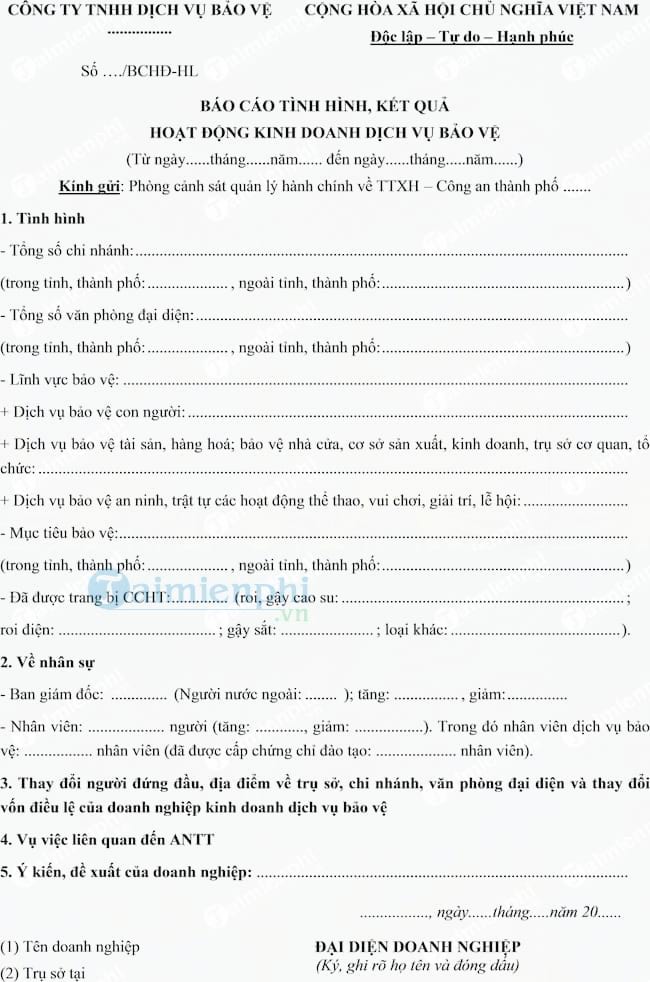 Mẫu báo cáo hoạt động công ty bảo vệ