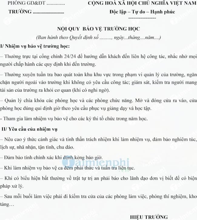 Mẫu nội quy bảo vệ trường học