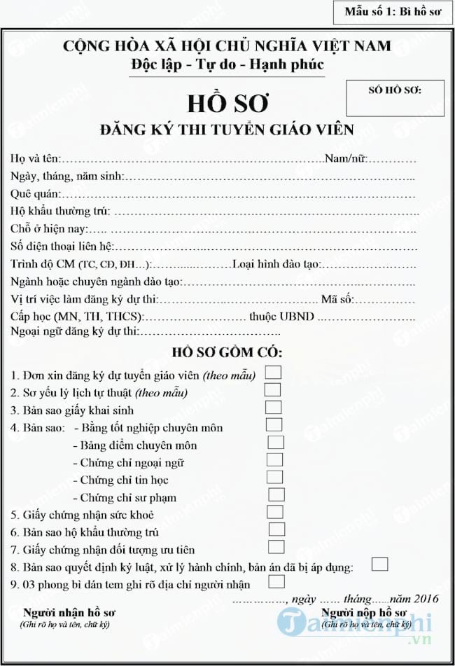 Mẫu hồ sơ thi tuyển giáo viên mầm non, tiểu học, THCS