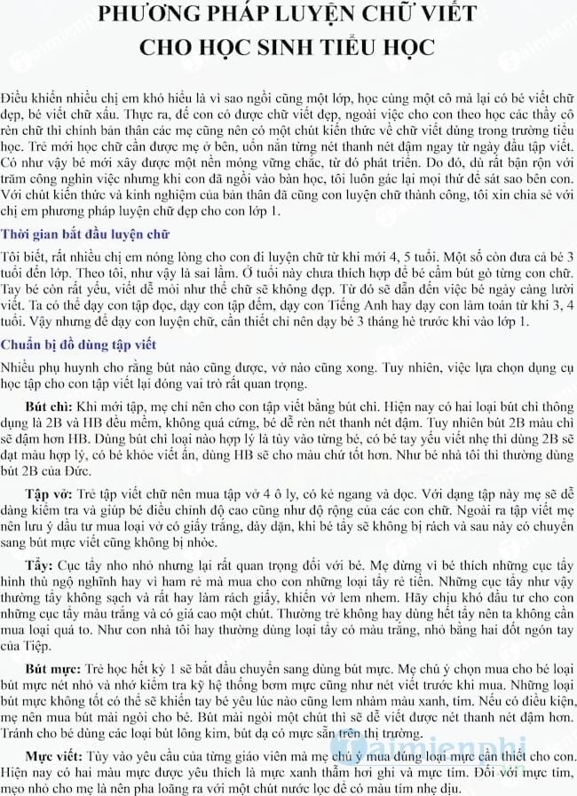 Phương pháp luyện chữ viết cho học sinh tiểu học