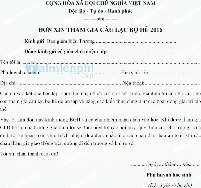 Đơn xin tham gia câu lạc bộ hè