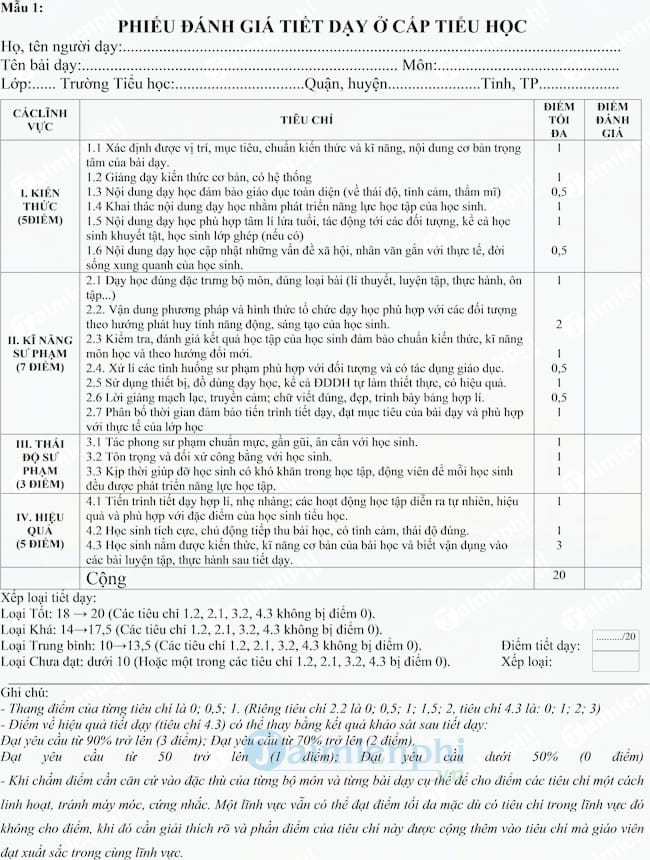 Phiếu đánh giá tiết dạy ở cấp tiểu học
