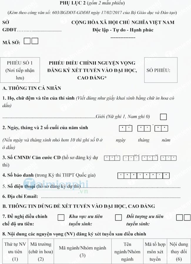 Mẫu phiếu điều chỉnh nguyện vọng đăng ký xét tuyển vào đại học, cao đẳng 2017