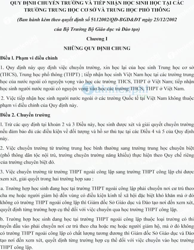 Quy định chuyển trường và tiếp nhận học sinh học tại các trường THCS và THPT