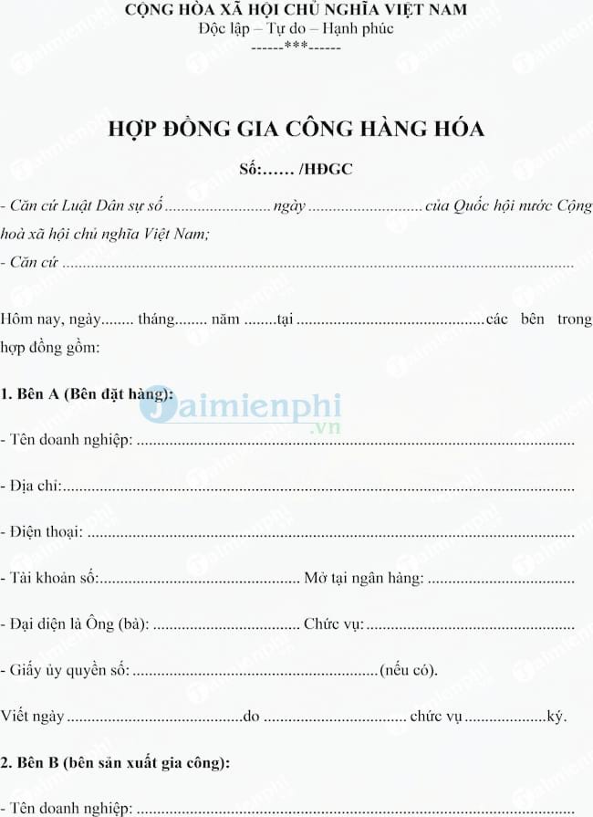 Mẫu hợp đồng gia công hàng hóa